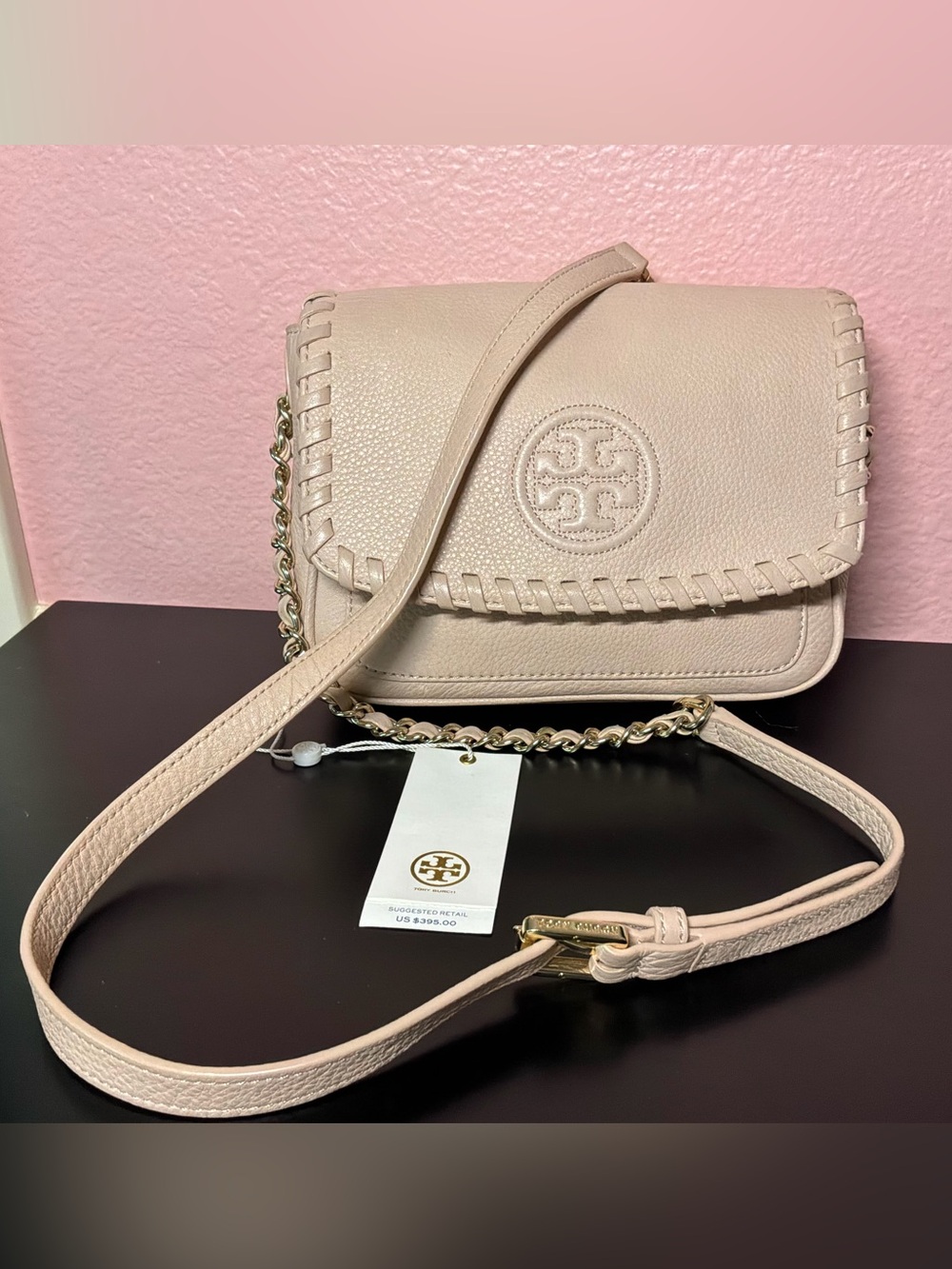 Tory Burch Blush Leather Whipstitch Crossbody Bag